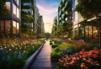 Fototapeta premium boldly designed vibrant urban green spaces featuring lush inviting eye catching architectural elements, architecture, art, biodiversity, cityscape