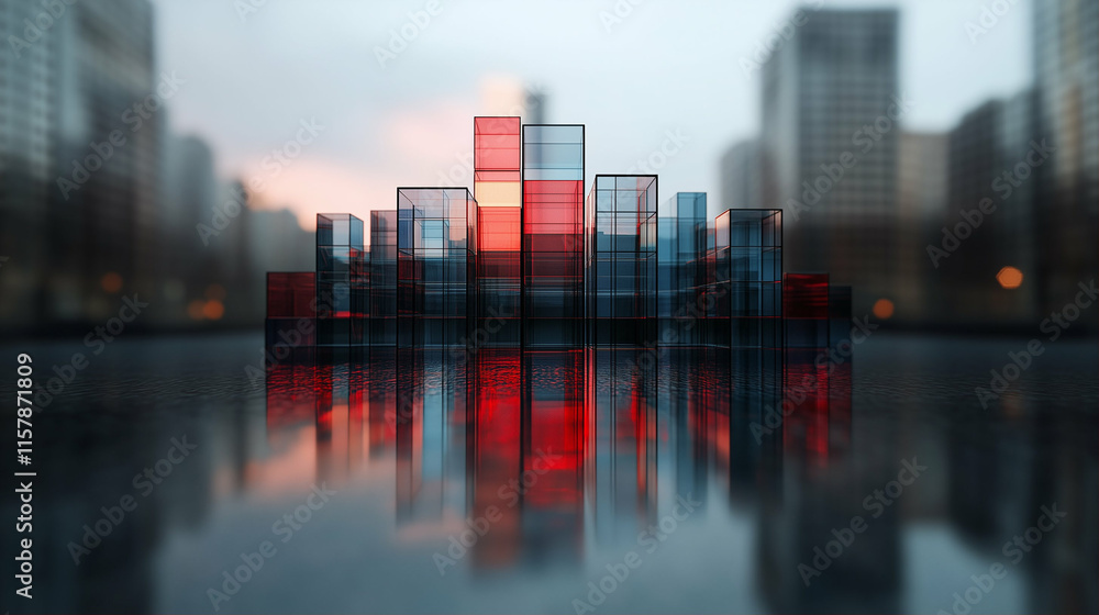 Poster glass structures reflecting city skyline in modern architecture with vibrant colors and dynamic desi