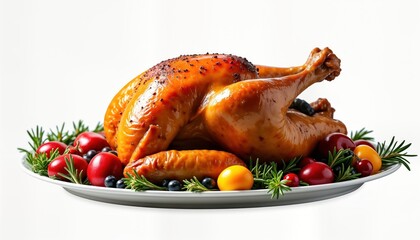 Roasted turkey garnished with fresh rosemary and colorful berries sits on a white plate. Festive meal ready for Thanksgiving or Christmas. Traditional holiday food concept.