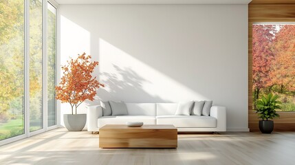 Serene Autumnal Living Room: 3D Rendered Minimalist Interior Mockup. AI Generated