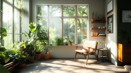 Sun-Drenched Room: Wide Shot Photo of Serene Interior with Lush Greenery. AI Generated