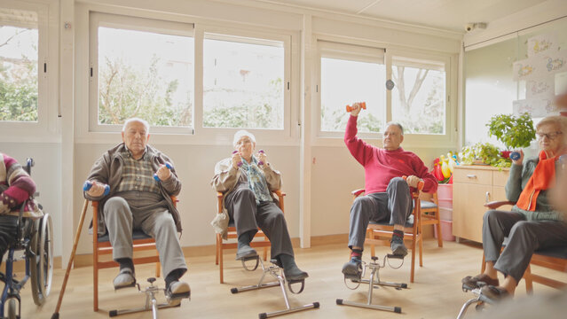 Seniors exercising with dumbbells in a bright, sunny rehabilitation room.