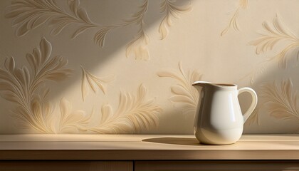 壁紙の自然なトーンに溶け込むマットな陶器のミルクピッチャー、シンプルで上品な配置
