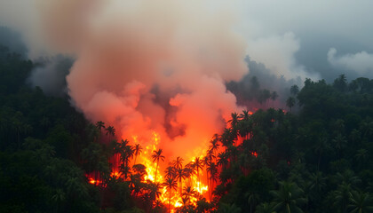 Fototapeta premium Bushfires in tropical forest release carbon dioxide (CO2) emissions and other greenhouse gases (GHG) that contribute to climate change. isolated with white highlights