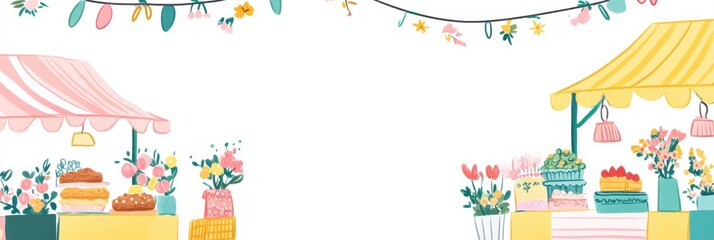 Obraz premium Spring market stalls full of flowers and treats in bright colors perfect for seasonal celebrations and events. Generative AI
