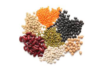 Composition with different legumes isolated on white background