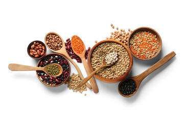 Wooden bowls and spoons with different legumes on white background