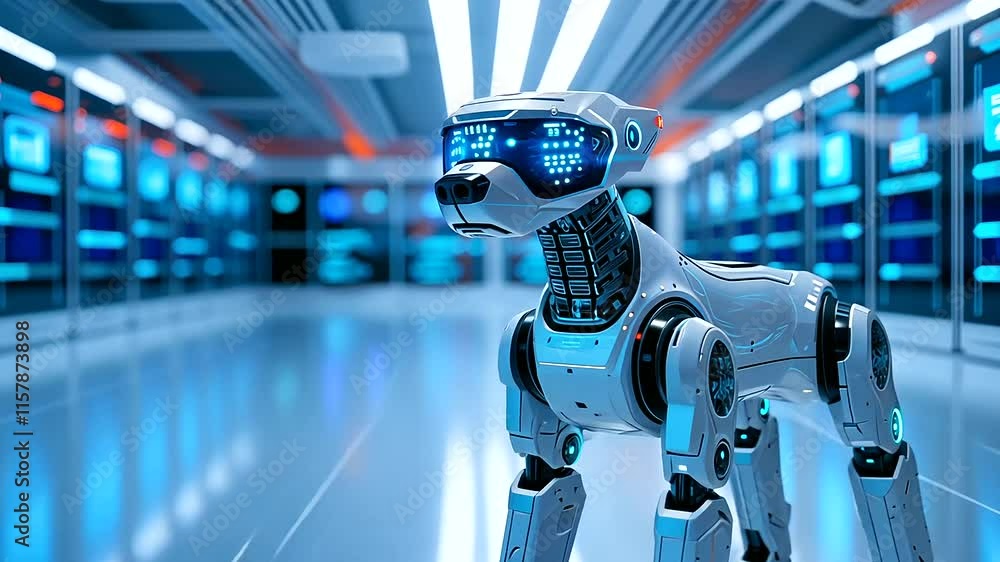 Poster futuristic robotic dog in ai research lab with advanced sensors