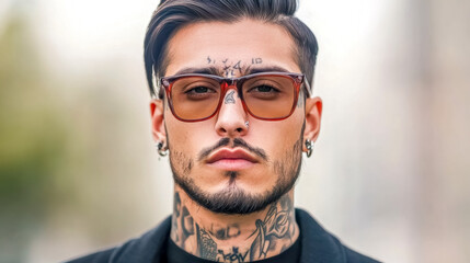 Fototapeta premium Portrait of tattooed influencer wearing stylish eyeglasses and piercings