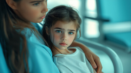 Young girl with a distressed expression seeking comfort from a caregiver in a softly lit environment