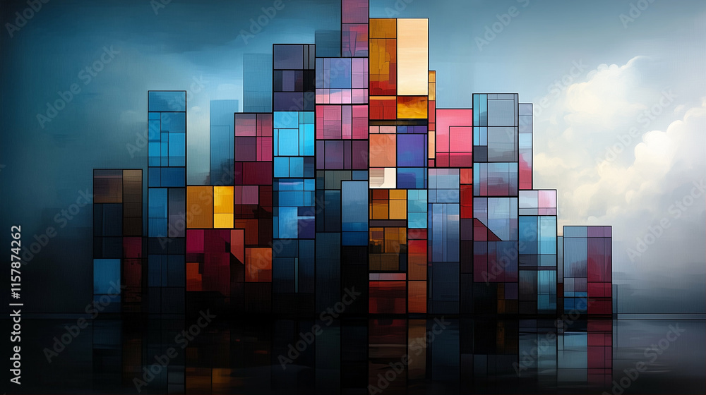 Poster abstract buildings with colorful structures showcasing modern architecture and artistic design