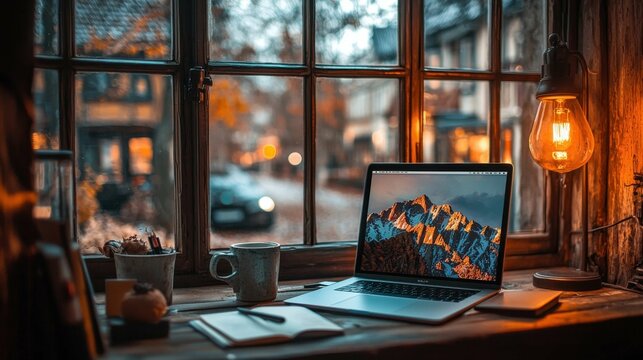 A serene image of a cozy workspace with a laptop displaying mountains, situated by a window with a warm ambiance, reflecting a remote work lifestyle.
