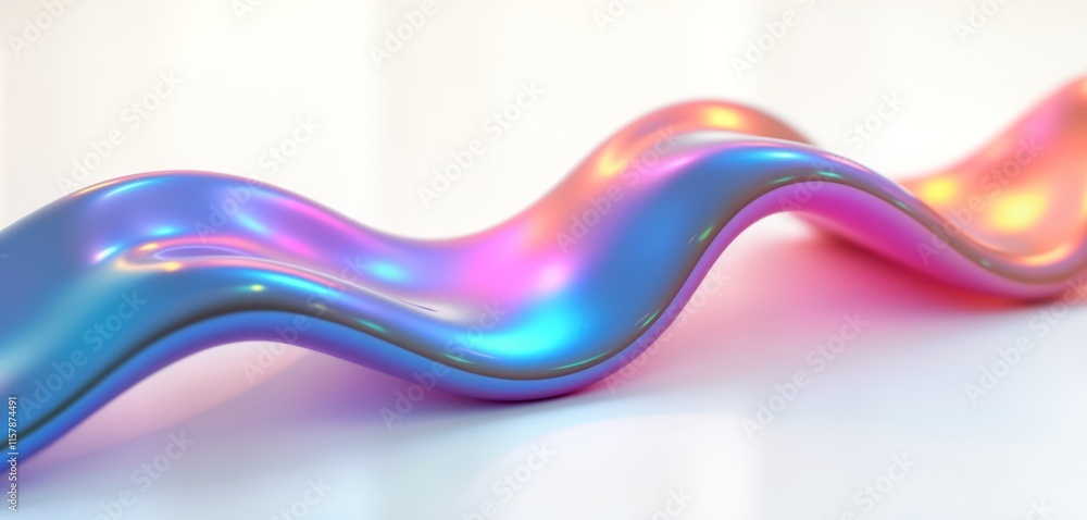 Poster abstract iridescent shape flows smoothly. fluid curves, dynamic shapes blend vibrant colors. minimal