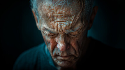 Portrait of an elderly man deeply reflecting while expressing his emotions in a dimly lit space