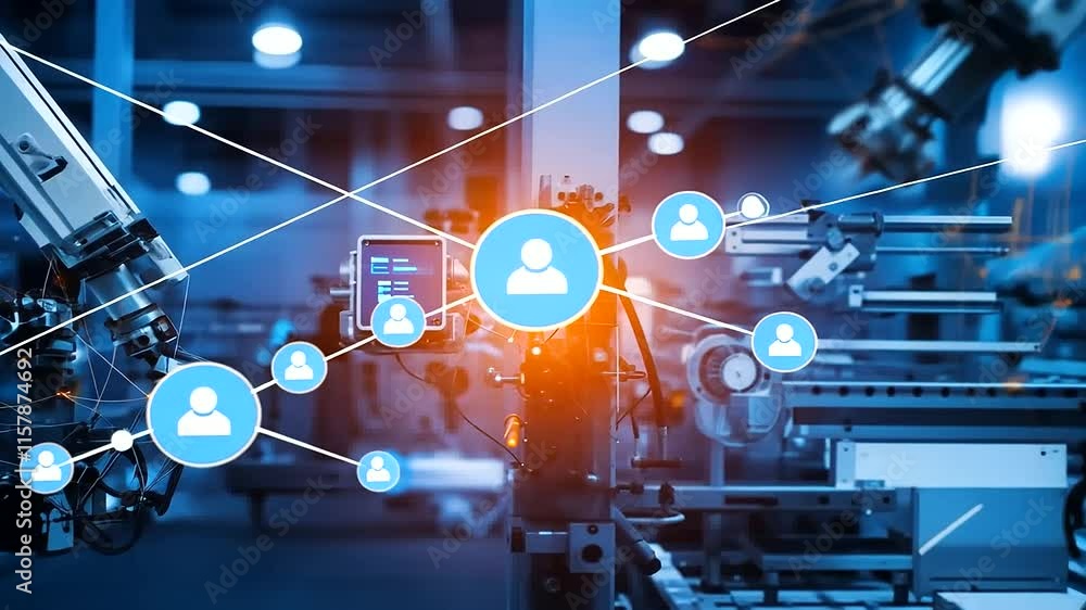 Poster futuristic smart factory layout with data analytics and automation