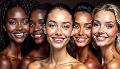 Diverse group of beautiful women with natural beauty and glowing skin. Portrait studio shot. Models of different ethnicities smile. Focus on wellness, care, and beauty. Modern beauty concept.