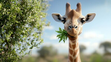 Giraffe eating leaves from tall tree in African savanna