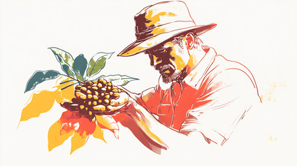 Vibrant Coffee Farmer Illustration: Carefully Inspecting Ripe Beans. AI Generated