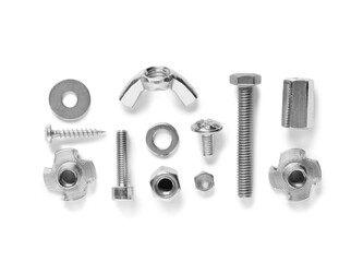Arrangement of different tap bolts and chrome nuts isolated on white background