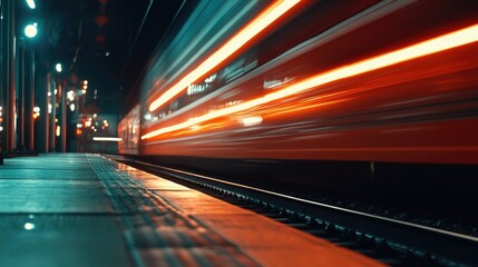fast moving train at night with motion blur effect creating a sense of speed and urban transportation in a city station  
