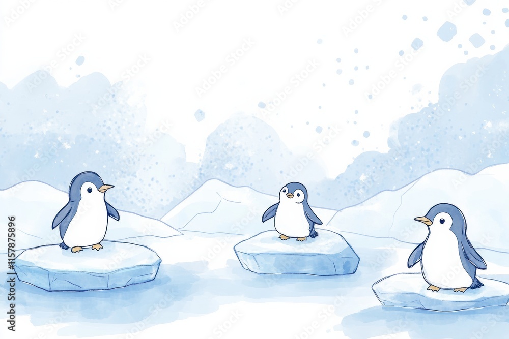 Fototapete playful penguins enjoy their time on floating icebergs in a serene winter landscape with plenty of s