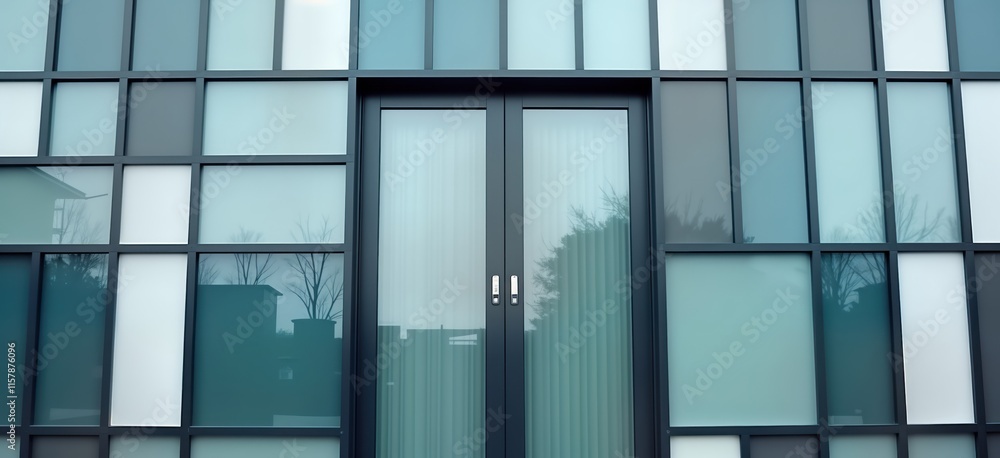 Poster modern architecture facade with geometric metal structure, glass doors. building wall made of many r
