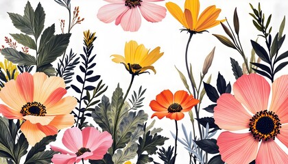 A vibrant and modern floral illustration featuring a dynamic arrangement of large, stylized flowers in bold colors like orange, red, pink, white, and gray