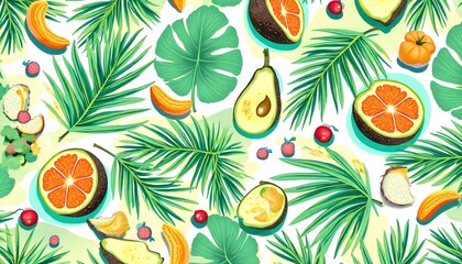 A vibrant and summery seamless pattern featuring a colorful array of tropical fruits and leaves. The design includes halved oranges, avocados