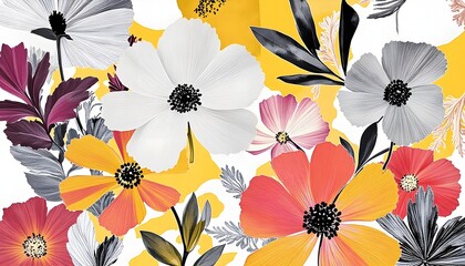 A vibrant and modern floral illustration featuring a dynamic arrangement of large, stylized flowers in bold colors like orange, red, pink, white, and gray
