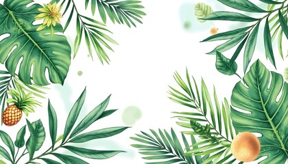 A vibrant tropical background featuring a lush arrangement of palm leaves in various shades of green, creating a lush and inviting summery feel
