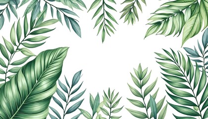 A vibrant tropical background featuring a lush arrangement of palm leaves in various shades of green, creating a lush and inviting summery feel
