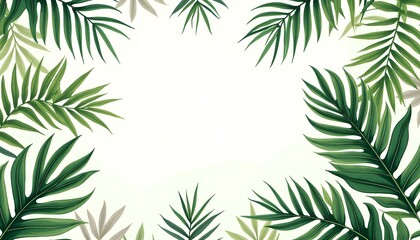 A vibrant tropical background featuring a lush arrangement of palm leaves in various shades of green, creating a lush and inviting summery feel
