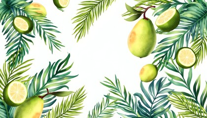 A vibrant tropical illustration featuring a cluster of limes and lime slices artfully arranged amongst lush green palm leaves against a crisp white background
