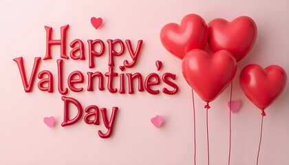 Valentine's Day. The phrase "Happy Valentine's Day" is displayed in elegant script, accompanied by two vibrant red heart-shaped balloons
