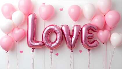A romantic and festive image featuring the word "LOVE" spelled out in large, metallic pink foil balloons, surrounded by a cluster of pink and white balloons