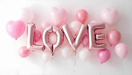 A romantic and festive image featuring the word "LOVE" spelled out in large, metallic pink foil balloons, surrounded by a cluster of pink and white balloons