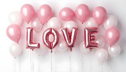 A romantic and festive image featuring the word "LOVE" spelled out in large, metallic pink foil balloons, surrounded by a cluster of pink and white balloons