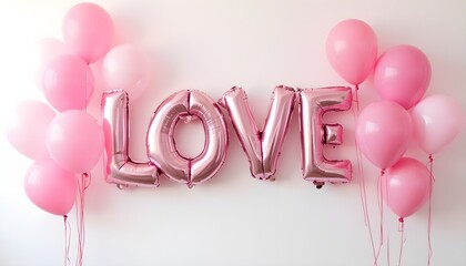 A romantic and festive image featuring the word "LOVE" spelled out in large, metallic pink foil balloons, surrounded by a cluster of pink and white balloons