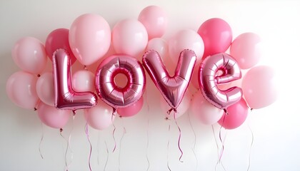 A romantic and festive image featuring the word "LOVE" spelled out in large, metallic pink foil balloons, surrounded by a cluster of pink and white balloons