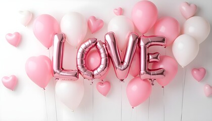 A romantic and festive image featuring the word "LOVE" spelled out in large, metallic pink foil balloons, surrounded by a cluster of pink and white balloons
