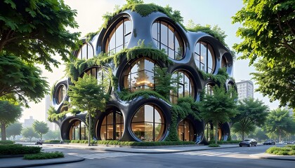 A modern, eco-friendly building covered in lush greenery. The exterior is adorned with climbing plants, creating a vibrant and sustainable aesthetic
