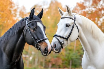 Obraz premium Two horses, one black and one white, nuzzle each other in autumn scenery.