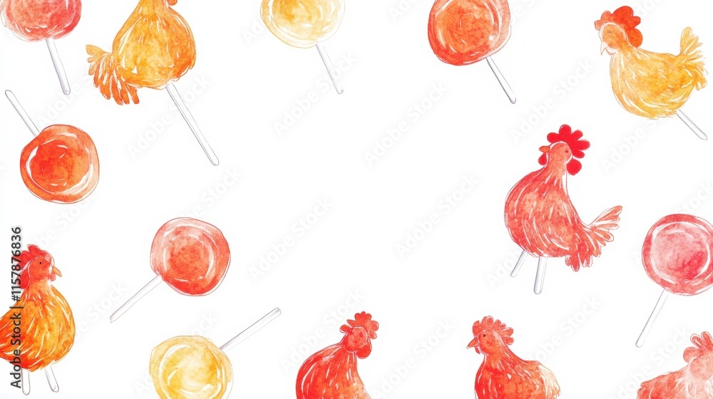 Poster colorful rooster shaped lollipops surrounded by bright doodles and open space for custom text and de