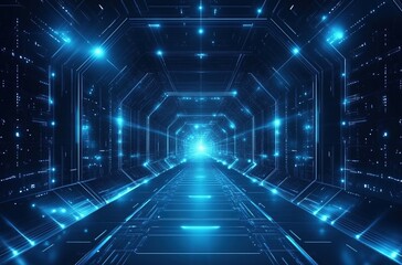 Blue technological background with geometric shapes and glowing lines dark blue gradient background