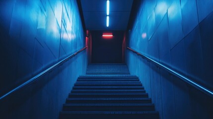dark underground staircase with neon blue and red lighting creating a mysterious atmosphere