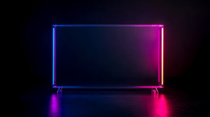 Transparent tv with neon frame lighting up dark room