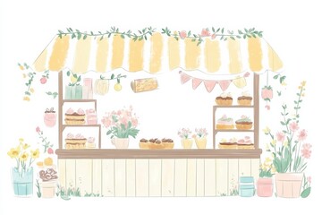 Doodle of spring market stalls showcasing colorful baked goods and flowers with ample space for text. Generative AI