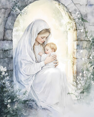 Serene watercolor painting of Mary holding baby Jesus tenderly.