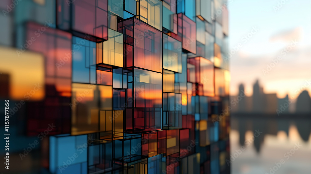 Poster abstract glass blocks with colorful reflection and texture in modern design