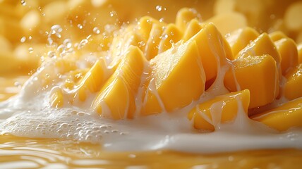 Close-up of juicy mango chunks splashing into creamy liquid, creating frothy waves.